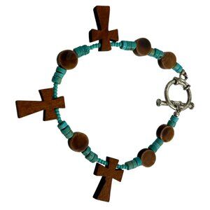 Wood Cross Faux Turquoise Brown Beaded Bracelet Toggle Clasp Religious Christian
